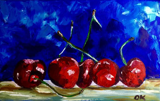 Cherries. Still life. Palette knife painting on linen canvas