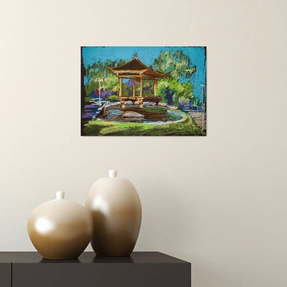 Pagoda. Japanese garden. Sunny urban natural impressionistic landscape. Medium size oil pastel impressionistic interior painting travel decor Spain Madrid