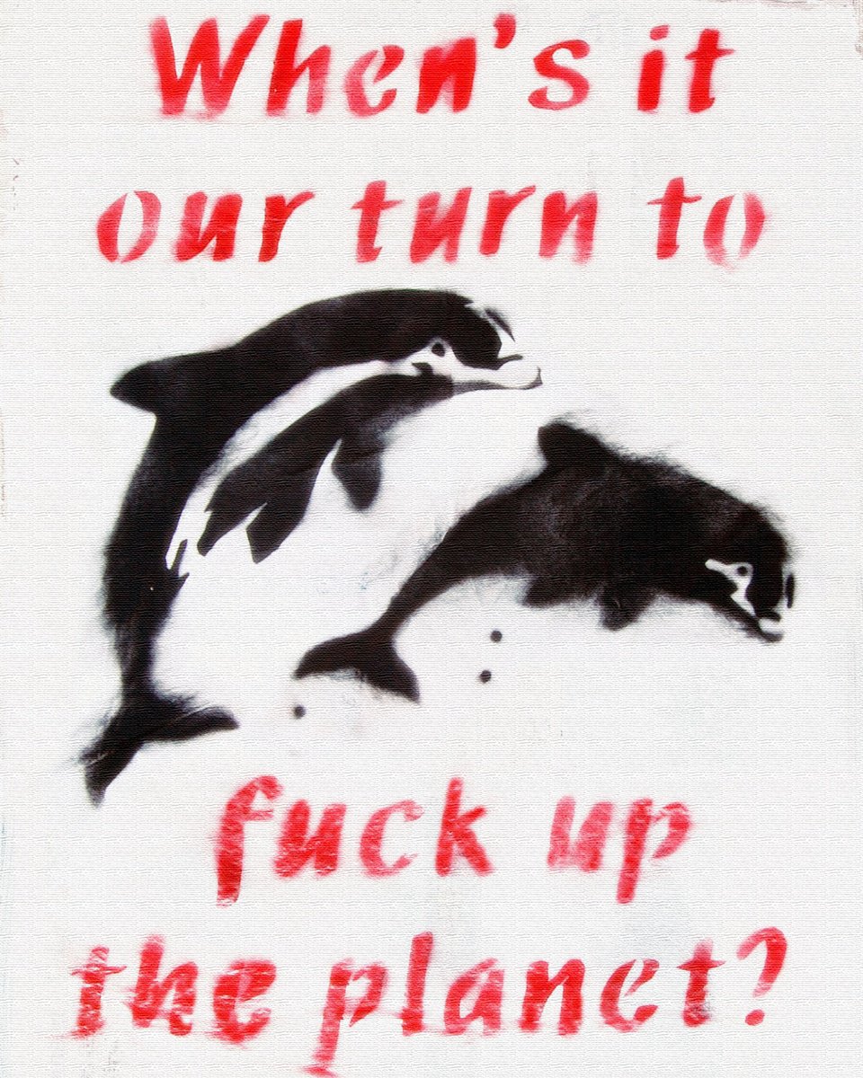 Urban And Pop Animal Painting By Juan Sly, 23 X 30", Fuck The Planet (Bc)., Original Artwork