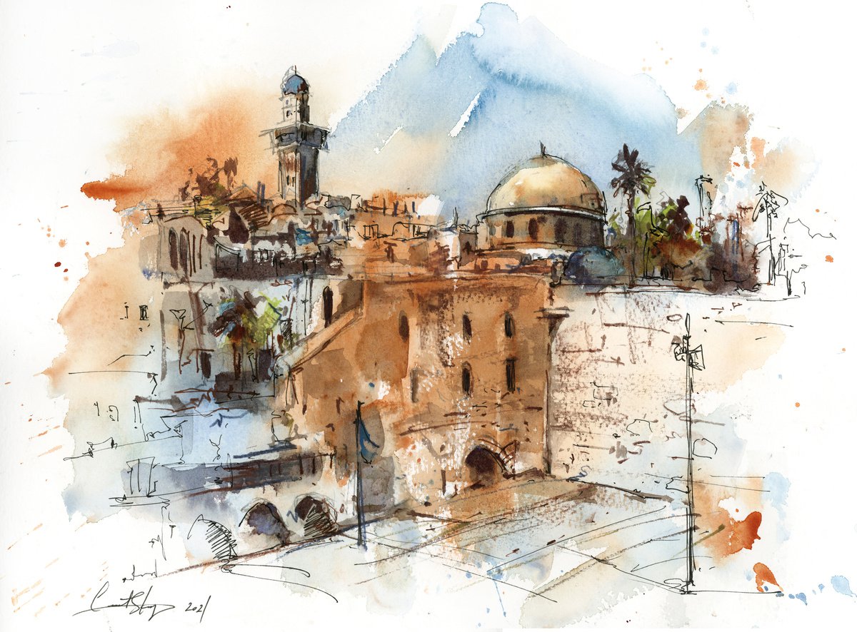 Jerusalem, Wailing Wall - Architecture Sketch Mixed Media by Sophie Rodionov