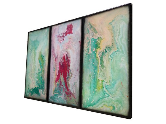 Blue fluid triptych A1117 Abstract art - pouring Paintings on canvas - Original Contemporary Large Acrylic painting by Ksavera