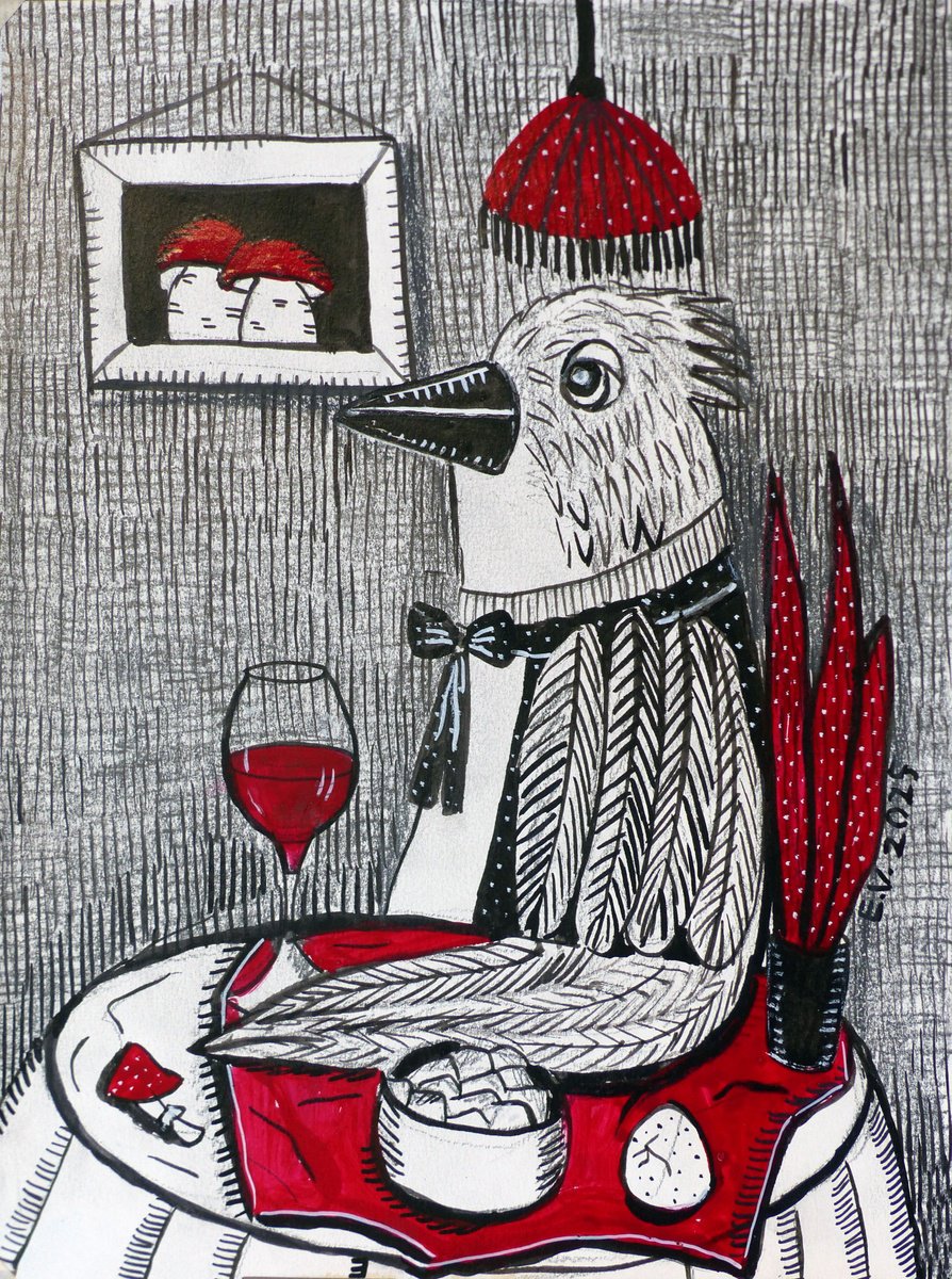 Animal Drawing By Elizabeth Vlasova, 9 X 12, Aristocratic Bird#2, Original Artwork