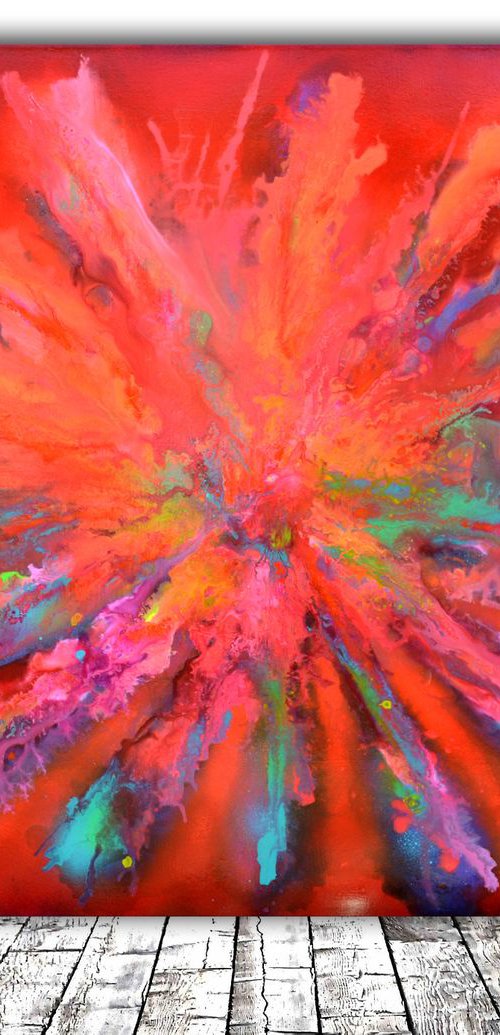 Colourful Large Abstract Painting - Red Pandora XL Ready to Hang Hotel and Restaurant Wall Decoration by Soos Tiberiu