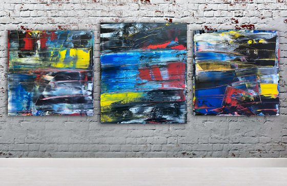 "An Orgy Of Pain" - Save As A Series - Original Xt Large PMS Abstract Acrylic Painting Triptych on Artist-Stretched Canvas - 108" x 42"