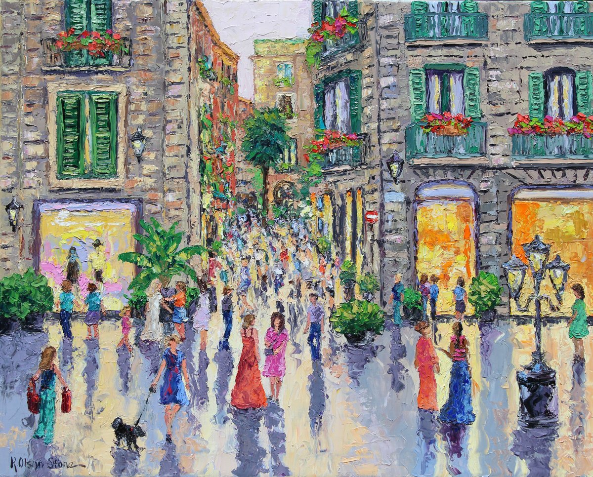 Impressionistic Cityscapes Oil Painting By Kristen Olson Stone, 30 X 24", A Summer Evening In Barcelona, Original Artwork