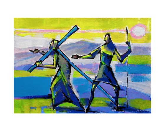 Two Figures on Green and Blue