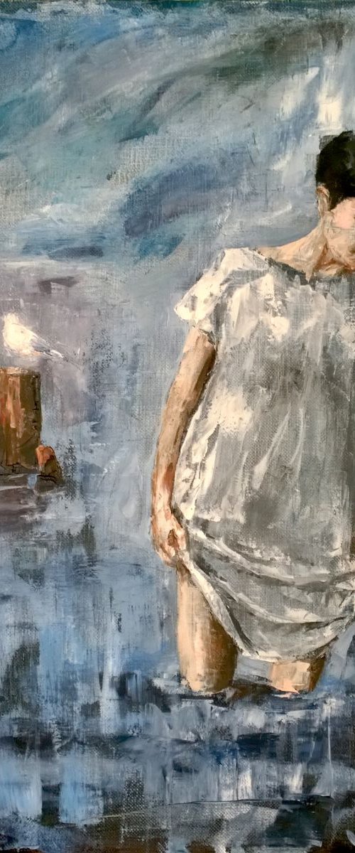 Looking deep, palette knife gestural girl portrait figurative woman walking in the sea with seagull by Leonid Plekhanov