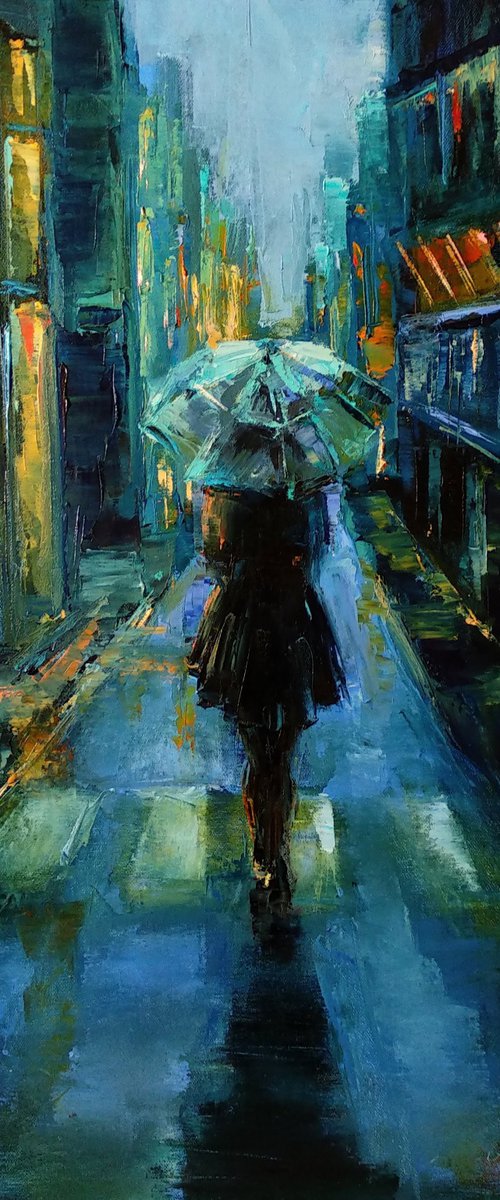 Cityscape Streets and lights After the rain by Anastasia Art Line