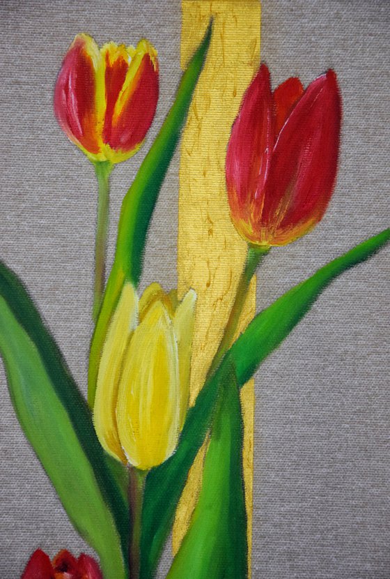 Flowers Tulips original OIL PAINTING on canvas, golden vertical artwork, art nouveau