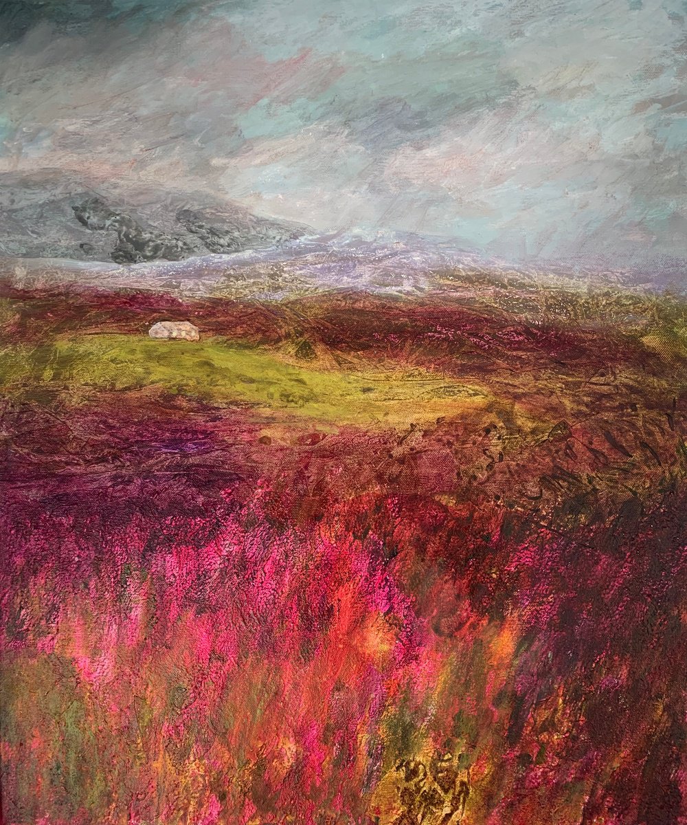 Expressive Landscape Acrylic Painting By Suzsi Corio, 21 X 25", Moorland Heather House, Original Artwork
