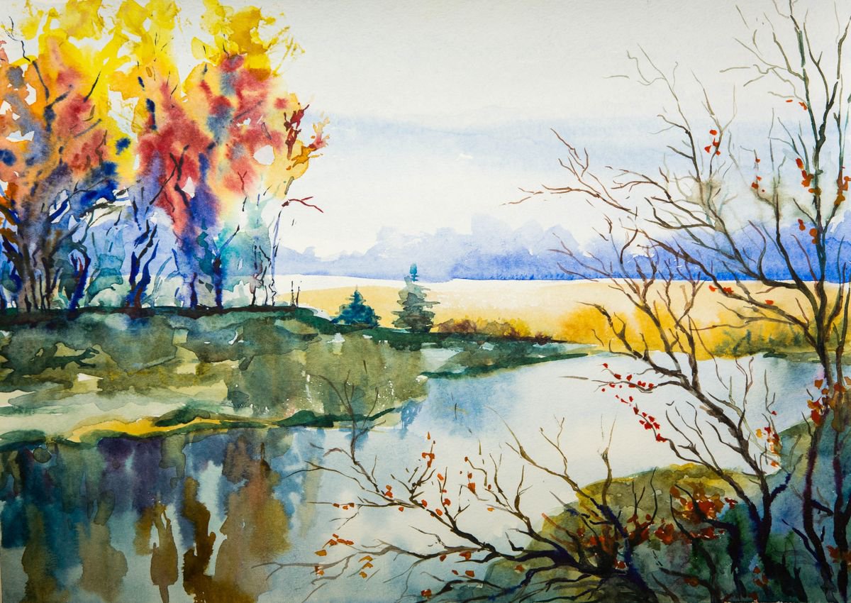 Impressionistic Landscape Watercolour By Galyna Shevchencko, 17 X 12, Fall Is Coming, Original Artwork