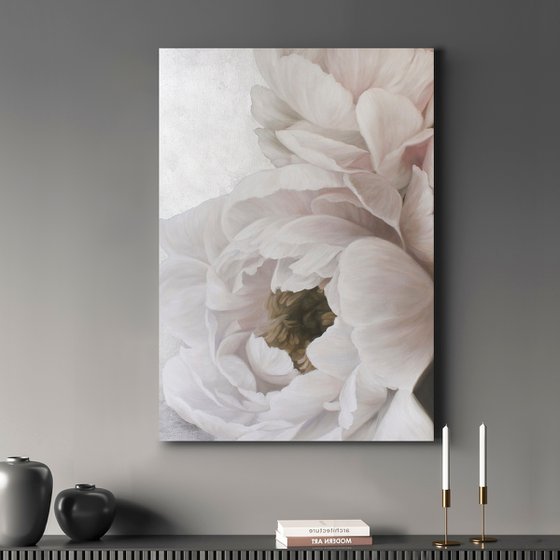 "Soft Peonies" White silver flowers oil art