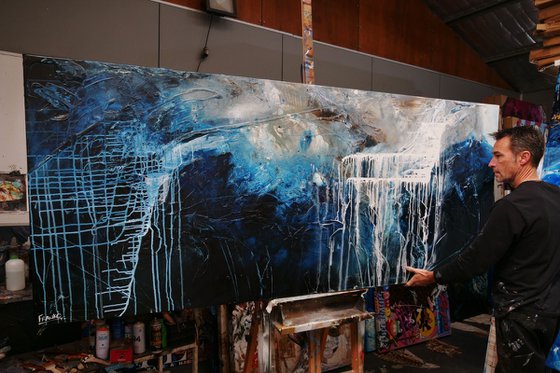 The Midnight View 240cm x 100cm Blue Grey Textured Abstract Art