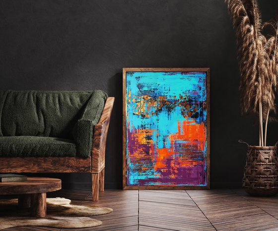 SUNSET IN PROVENCE - 120 x 80 CM - TEXTURED ACRYLIC PAINTING ON CANVAS * TURQUOISE ORANGE BURGUNDY