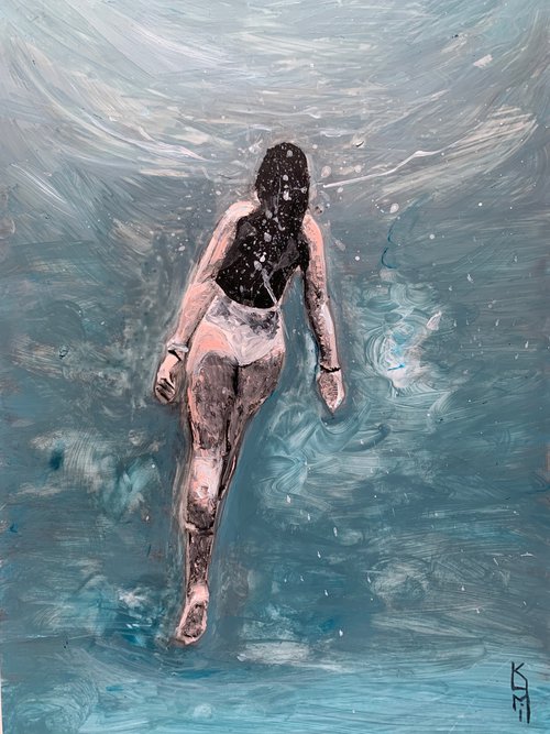 Swimmer I Acrylic Painting on Paper Unique Artwork Gift Ideas Home Decor by Kumi Muttu