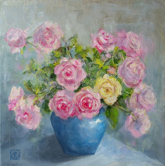 Roses in Blue Vase