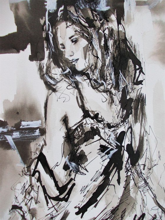 Woman Series ink drawing-Sepia Color