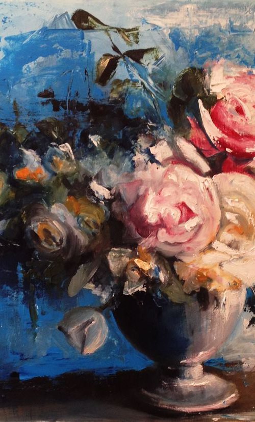 Flowers in blue room- Original oil painting- 32 x 47 cm (12' x 18') by Carlo Toma