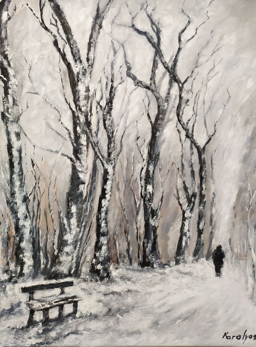 Impressionistic Landscape Oil Painting By Maria Karalyos, 12 X 16", Winter Day, Original Artwork