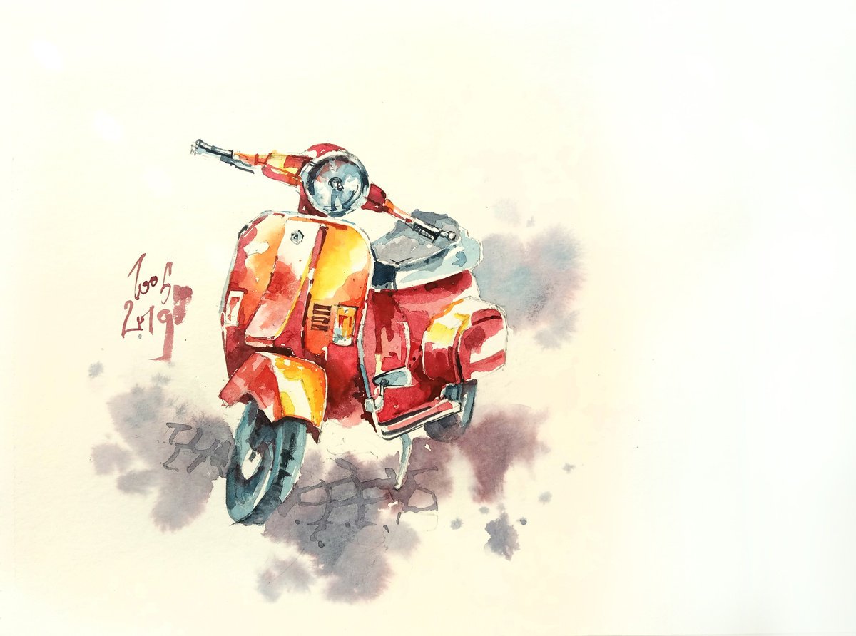 Watercolor sketch Red moped - series Artist’s Diary by Ksenia Selianko