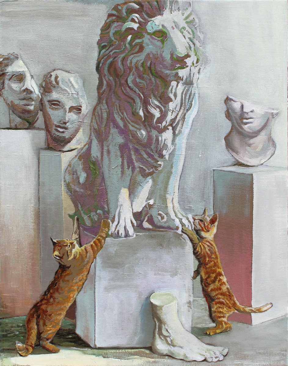 Impressionistic Animal Oil Painting By Timothy Adam Matthews, 16 X 20", Lionstatue, Original Artwork