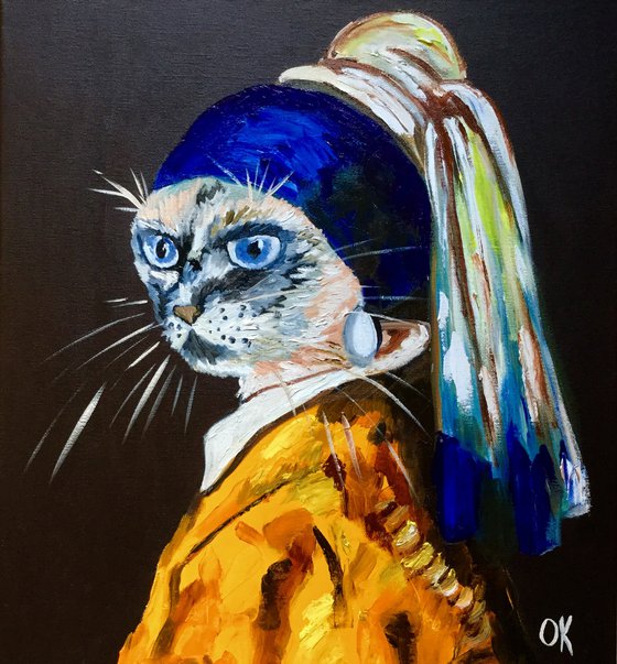 Siamese Cat with the pearl earring. Feline art. Blue eyes. Gift idea for cat lovers