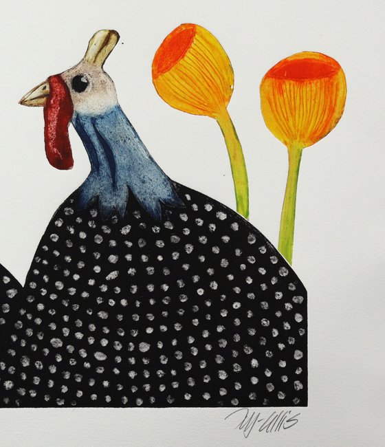 Guinea hens and flowers