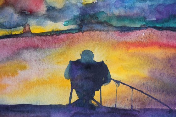 Fall watercolor painting Fisherman near autumn forest lake, Bratislava Slovakia