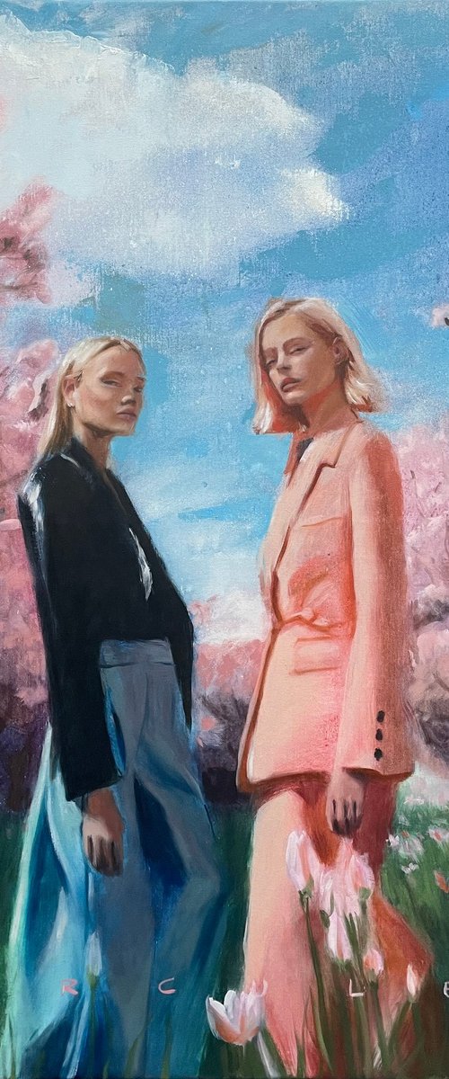 Spring, a colorful large oil painting of two fashion models in a field of tulips, surrounded by blossom trees. by Renske Karlien Hercules