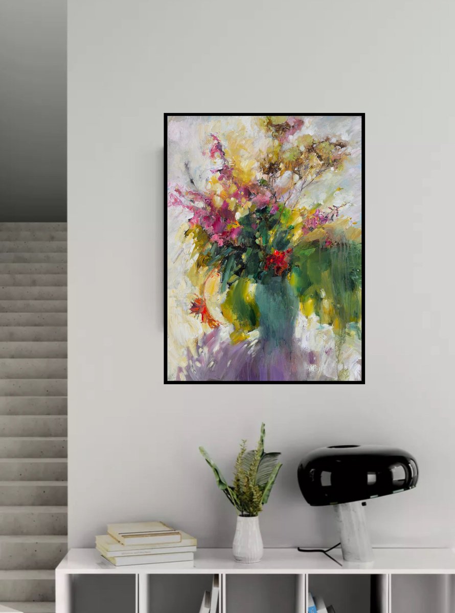 Impressionistic Botanical Oil Painting By Olha Laptieva, 24 X 32", Floral Glow, Original Artwork