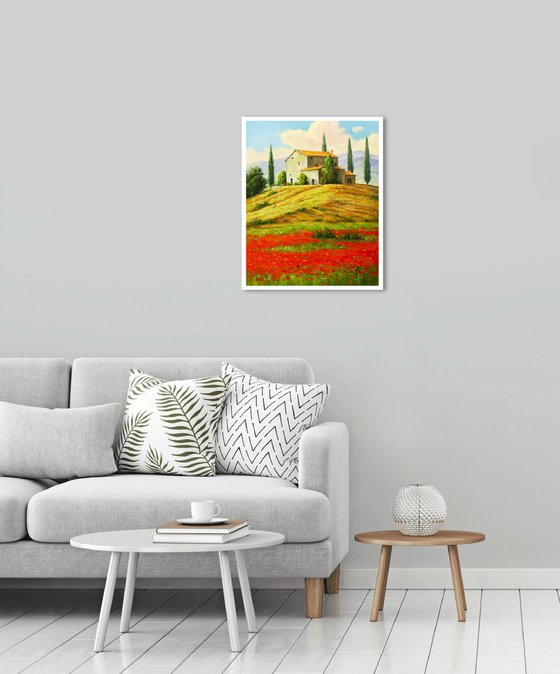 Poppy field in Tuscany (Modern Impressionistic Landscape Oil Painting, Gift for nature lovers)