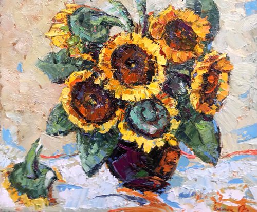 Sunflowers on the table by Kalenyuk Alex