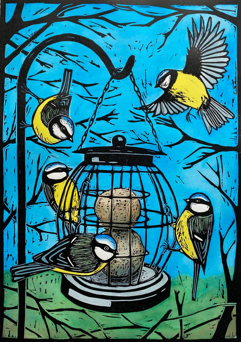 At the Feeder. Handmade limited edition Linocut 6 of 45 by Jane Dignum