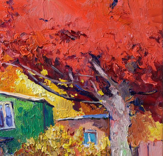 Green House and Red Trees, Autumn Landscape