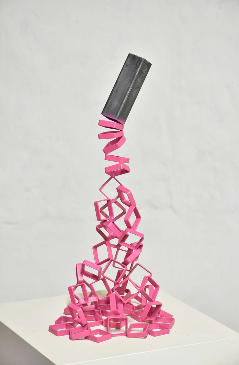 Surrealistic Still Life Sculpture By Yannick Bouillault, 9 X 19", Sectioning Pink, Original Artwork