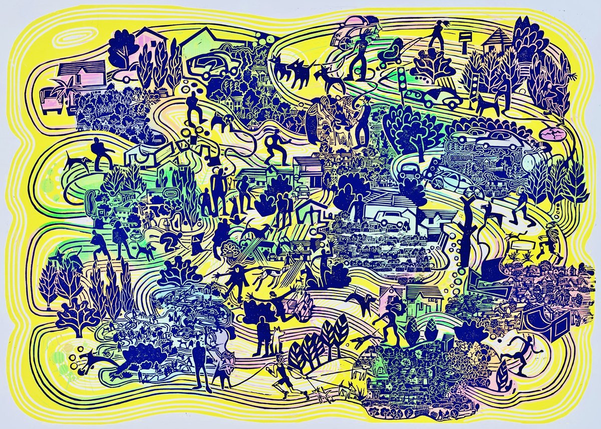 Graphic Cityscapes Linocut By Mark Howard Jones, 30 X 22", Hounds Of The Heath 4, Original Artwork