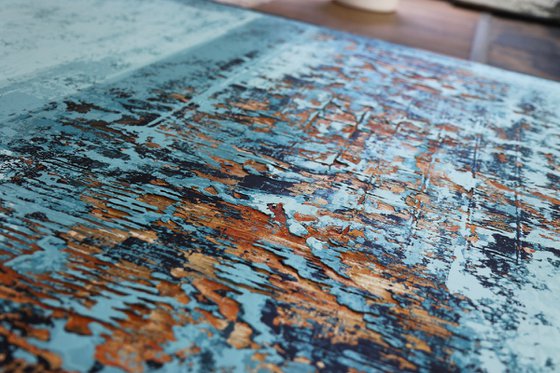 FRIMAIRE - 150 x 120 CM - TEXTURED ACRYLIC PAINTING ON CANVAS * BLUE * GOLD