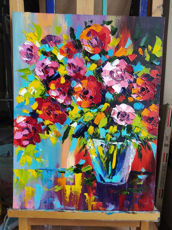 Bouquet for the beloved - flowers in vase, painting flowers, oil painting, flower, flowers painting original, oil painting floral,art, gift, home decor