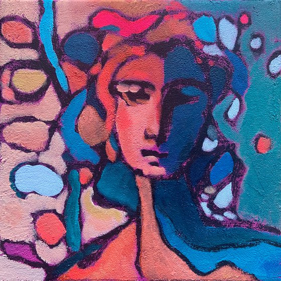 GAIA - square 30x30 cm abstract woman portrait, textured canvas