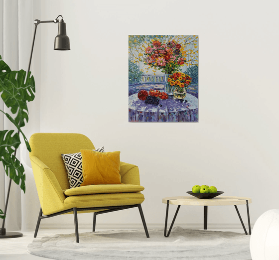 Still life with flowers and fruits (100x80cm, oil painting, palette knife)