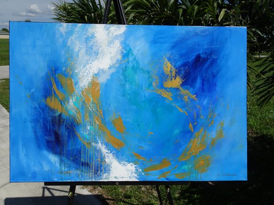 DEEP OCEAN LIFE. Blue, Teal, Gold, Navy Blue Contemporary Ocean Waves and Abstract Fish Painting