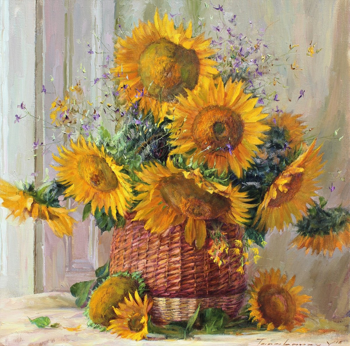 Impressionistic Botanical Oil Painting By Volodymyr Tarabanov, 28 X 28", Sunflowers In A Basket, Original Artwork