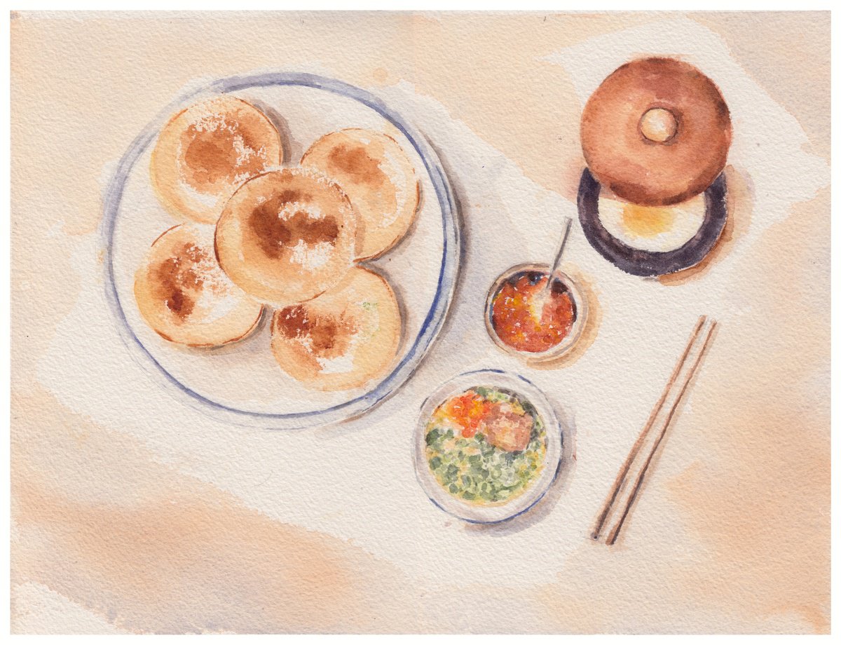 Still Life Watercolour By Hua Le, 15 X 11, Banh Can - Can Cake, Original Artwork