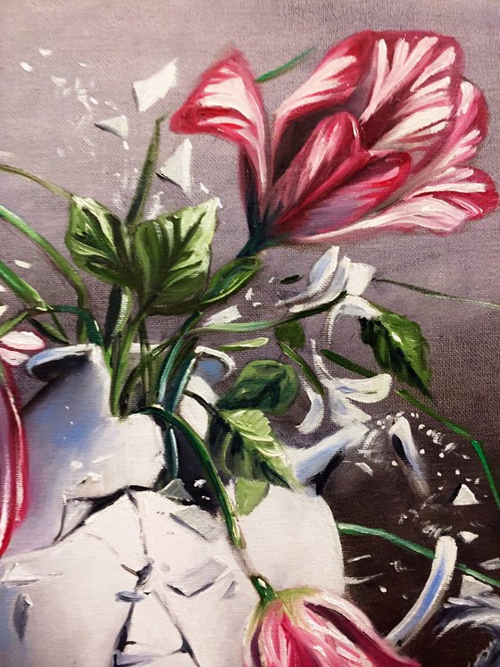 Red striped tulips - original oil on canvas 40 x 40 cm ( 16 x 16 inches )