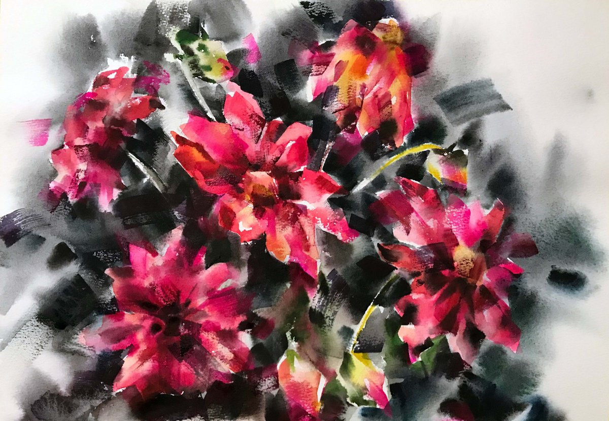 Red flowers. one of a kind, original watercolor by Galina Poloz