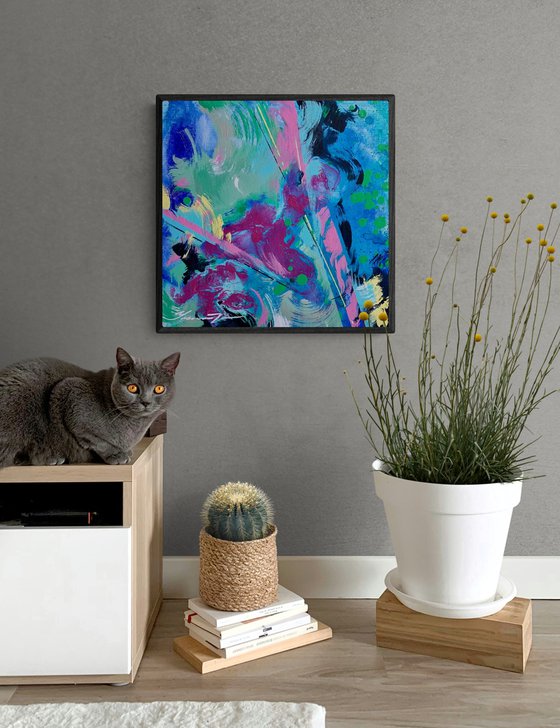 Abstract painting - "Blue reflection" - Abstraction - Geometric - Space abstract - Small painting - Bright abstract - Blue and Pink