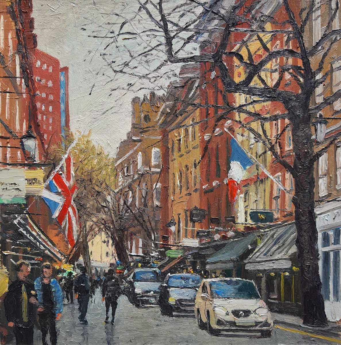 Impressionistic Cityscapes Oil Painting By Roberto Ponte, 14 X 14", Covent Garden, Mercer Street, Original Artwork