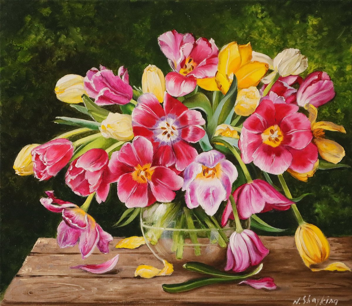 Photorealistic Oil Painting , Red And Yellow Tulips In Glass Vase By Natalia Shaykina, 20 X 16, Artwork For Sale On Artfinder