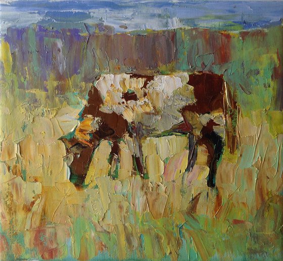 Cow .  animal nature original oil painting modern bouquet