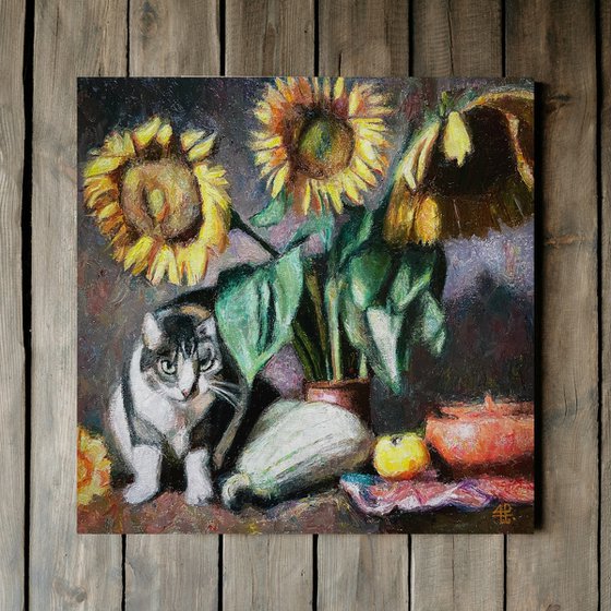 Farm cat with sunflowers